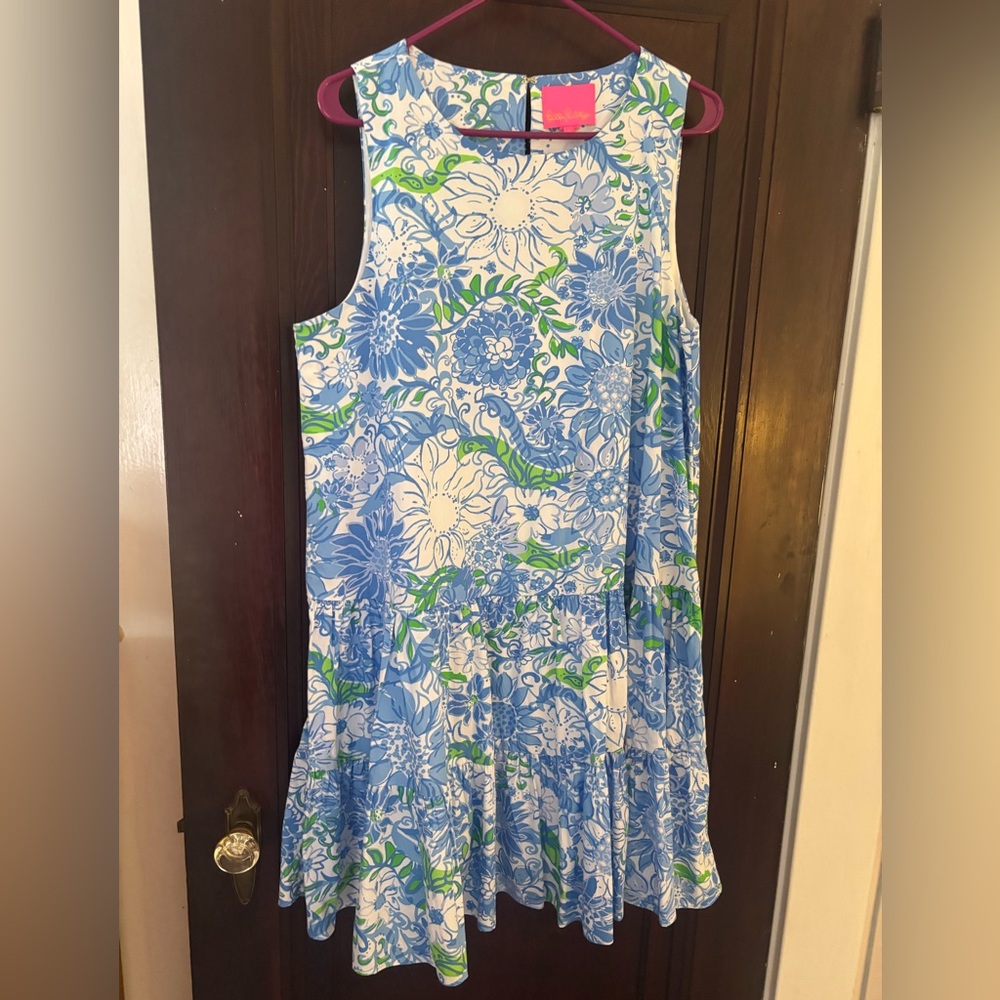 Lilly Pulitzer Blue, White & Green Floral Midi Dress